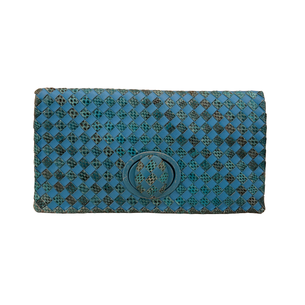 Bolsa Bottega Clutch Azul C/Tramas em Piton